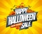 Happy halloween sale, massive discoiunts poster design template with pumpkins