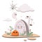 Happy Halloween scene. Cartoon illustrations skull, crypt, grave, Jack pumpkin, spiders, cobwebs, clouds, ghost