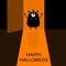 Happy Halloween. Screaming monster silhouette standing at doorway. One eye, teeth, spooky hands. Open door with shadow. Black Funn