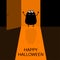 Happy Halloween. Screaming monster silhouette standing at doorway. Two eyes, teeth, spooky hands. Open door with shadow. Black Fun