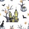 Happy Halloween seamless pattern background. Black haunted house, black cat and pumpkin