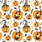 Happy Halloween seamless pattern with Jack O` Lantern pumpkins, candy sweets holiday party decorations. Watercolor
