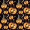 Happy Halloween seamless pattern with Jack O` Lantern pumpkins, candy sweets holiday party decorations. Watercolor