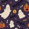 Happy Halloween Seamless pattern with pumpkins, bat, decoration elements, cartoon style. Witchcraft, withcore aesthetic