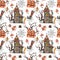 Happy Halloween seamless pattern with watercolor Jack O lantern pumpkin, orange and black candies, scary house on white background