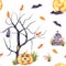 Happy Halloween. Seamless watercolor pattern with Pumpkin Jack and Bats. Watercolor illustration with Grave, Tree and