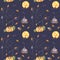 Happy Halloween. Seamless watercolor pattern with Pumpkin Jack and Bats. Watercolor illustration with Grave, Tree and