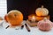 Happy halloween!Set for carving pumpkin on the table in the home, preparation for a party.