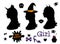 Happy Halloween Set Girl silhouette head with neck shoulders side view. Black stickers. Vector illustration isolated on