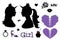 Happy Halloween Set Girl silhouette head with neck shoulders side view. Black stickers. Vector illustration isolated on