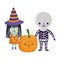 Happy halloween, skeleton witch costume and pumpkin trick or treat party celebration