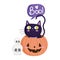 Happy halloween, skulls black cat inside pumpkin, trick or treat party celebration