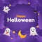 Happy Halloween social media greeting. Ghost, stars, clouds.