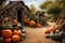 Happy Halloween spooky background, scary pumpkins in creepy old house garden.