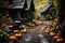 Happy Halloween spooky background, scary pumpkins in creepy old house garden.