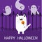 Happy Halloween. Spooky frightened cat holding pumpkin face on stick. Forged iron fence. Three flying ghosts hands up Boo. Funny C