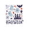 Happy Halloween square pattern greeting card with ghosts, black spider, scary castle and spider web. Flat vector illustration with