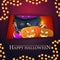 Happy Halloween, square purple greeting postcard with a hole that looks at us witch`s cauldron and pumpkin Jack