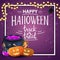 Happy Halloween, square purple template with garland, frame, witch`s pot and pumpkin Jack