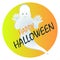 Happy halloween sticker with a friendly white ghost and a moon