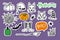 Happy Halloween sticker set. Vector Handdrawn sketch. Halloween lettering, spider web, witch cats, bat, hat, spider