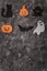 Happy Halloween stickers set on grey background. Black cat, scary pumpkin, evil ghost, flying bat. Halloween decorations. Frame