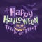 Happy halloween stylish lettering with scary pumpkin face, bats, spiderweb and tombstone on background.