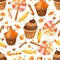 Happy Halloween sweet seamless pattern. Trick or treat. Cartoon vector illustration candy and lollipop.