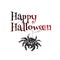 Happy Halloween text banner. Cartoon gigantic spider is hanging on its web. Vector illustration