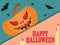 Happy Halloween. Text banner with evil pumpkin, bats and spiders with cobwebs. Design greeting card. Vector illustration