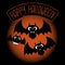 Happy halloween text, cute little flying bat family. Smiling face, hand drawn.