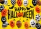 Happy halloween text design banner. Ghost Balloons. Scary air balloons. Vector illustration. on yellow background.