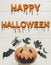 Happy halloween text flat lay. jack lantern pumpkin with witch g