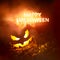 Happy Halloween text glowing in red and yellow smoke at night above a creepy pumpkin Jack o` Lantern