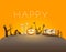 Happy halloween text greeting card. Pumpkin lantern, magic book and broom holiday accessory