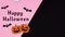 Happy Halloween text, pumpkins, bats and ghosts appear on pink black theme. Stop motion