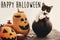 Happy Halloween text sign on pumpkins, jack-o-lantern, cat in wi