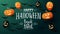 Happy Halloween, trick or treat, creative greeting postcard with bats, pumpkins and balloons tied with ropes to the ceiling