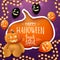Happy Halloween, trick or treat, creative greeting postcard with large cut pumpkin, Halloween balloons and Teddy bear with Jack