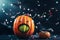 Happy Halloween. Two big and little pumpkins sings choir and celebrating. Dark background with lights, confetti and