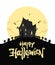 Happy Halloween type lettering composition with silhouette of witch haunted house and pumpkins on moon background.