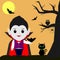 Happy Halloween. Vampire Dracula cartoon holds a bat in his hand. Black cat, owl, tree, spider, full moon at night