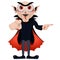 Happy Halloween. The vampire shows you the way. Dracula invites. Cute cartoon vampire character with big open mouth, tongue, fangs