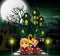 Happy halloween vampire and witch in front of the haunted house with full moon background