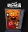 Happy halloween vector banner design. Happy halloween trick or treat with pumpkin, demon and bear characters in open door.
