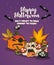 Happy Halloween vector greeting card with spooky Jack-o-lanterns, bats and spider