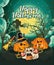 Happy Halloween vector greeting card with spooky Jack-o-lanterns on scary meadow