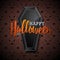 Happy Halloween vector illustration with black coffin on dark background. Holiday design with spiders and bats for