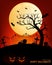 Happy halloween vector illustration with cemetery, full moon, pumpkin and bat