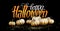 Happy Halloween vector illustration with gold confetti and white pumpkins. Happy Halloween lettering. Gold decorated pumpkin